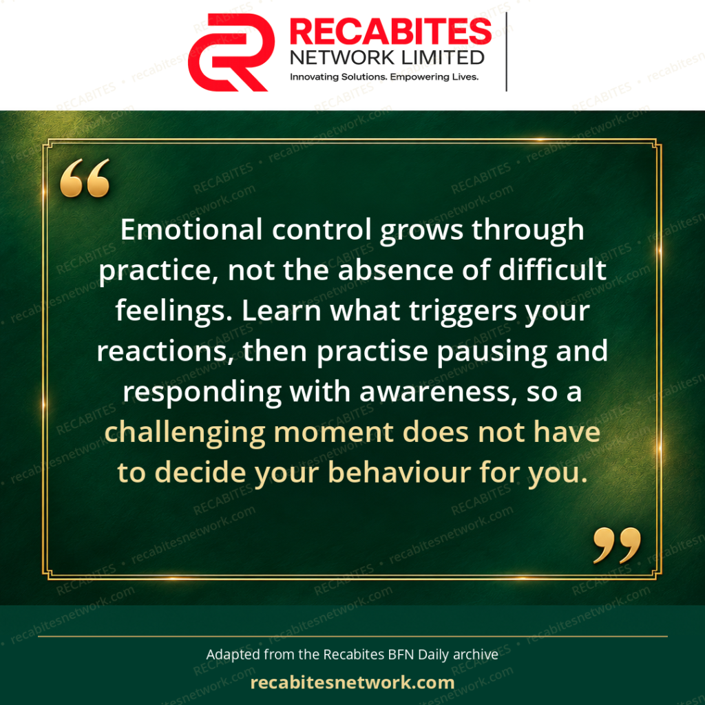 Emotional control grows through practice, not the absence of difficult feelings. Learn what triggers your reactions, then practise pausing and responding with awareness, so a challenging moment does not have to decide your behaviour for you.