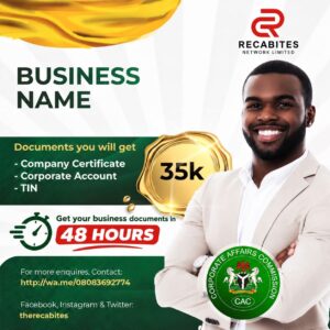 Recabites Business Name Registration flyer showing 35k CAC business name package