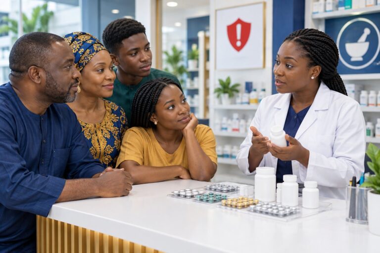 A Nigerian family receiving professional advice about safe medicine use from a pharmacist.
