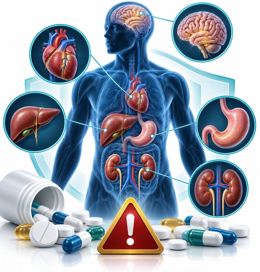 Medical illustration showing the liver, kidneys, stomach, heart and brain as organs that may be affected by medicine misuse