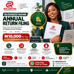 Recabites Business Name Annual Return Filing flyer for CAC compliance and annual returns support