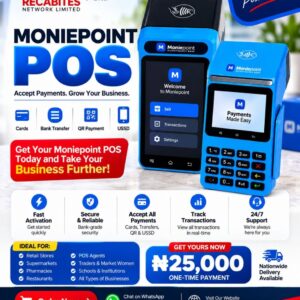 Recabites Get Moniepoint POS flyer showing POS deployment for merchants, POS agents, shops and SMEs