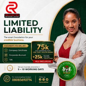 Recabites Limited Liability Company Registration flyer showing ₦75k price and ₦25k additional per 1 million shares