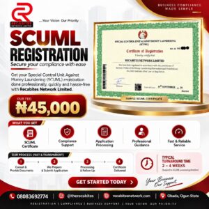 Recabites SCUML Registration Course flyer for business compliance and SCUML certificate support